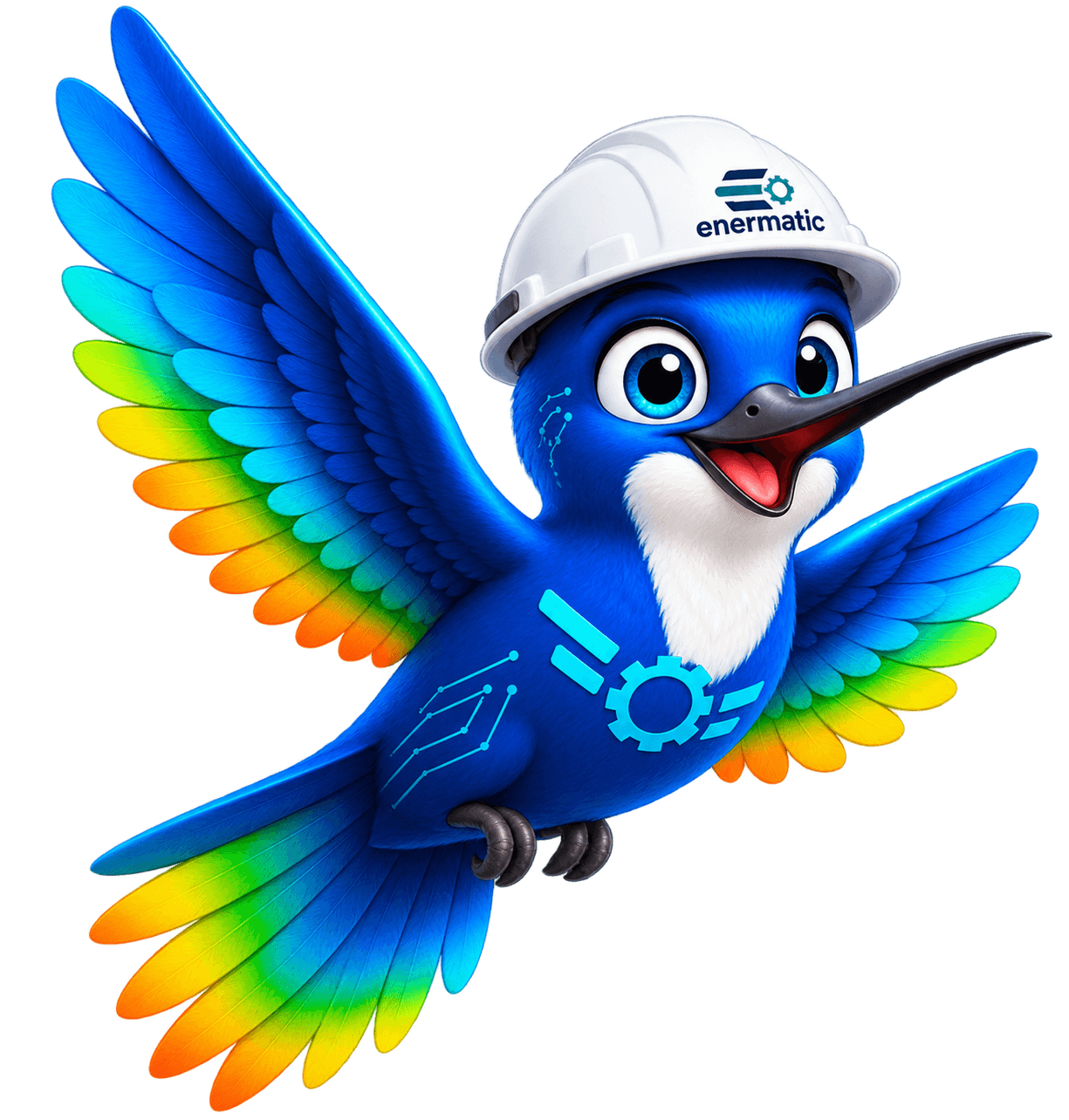 Ener, el colibrí ingeniero de Enermatic, con casco y chaleco de seguridad